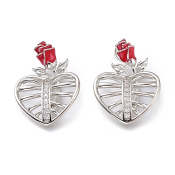 Brass Micro Pave Clear Cubic Zirconia Pendants, with Red Enamel, Long-Lasting Plated, Heart with Rose, Platinum, 23x17x3.5mm, Hole: 4x2mm