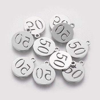 201 Stainless Steel Charms, Flat Round with Number 50, Stainless Steel Color, 14.1x11.8x1mm, Hole: 1mm