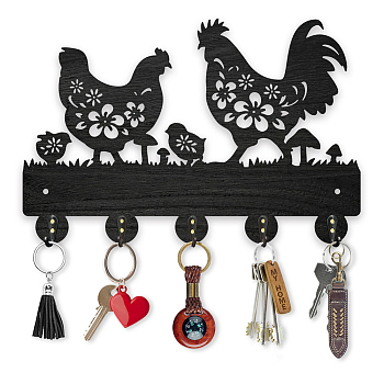 Wood & Iron Wall Mounted Hook Hangers, Decorative Organizer Rack, with 2Pcs Screws, 5 Hooks for Bag Clothes Key Scarf Hanging Holder, Chook, 200x300x7mm.