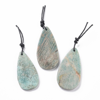 Natural Flower Amazonite Big Pendants, with Leather Strap, Teardrop, 50~57x27~30x7~7.5mm, Hole: 2mm