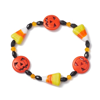 Halloween Dyed Synthetic Turquoise & Glass Beaded Stretch Bracelets, Pumpkin & Candy Corn Bracelets for Women, Colorful, Inner Diameter: 2-1/8 inch(5.5cm)