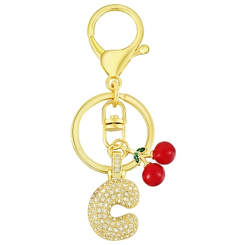 Brass Micro Pave Clear Cubic Zirconia Letter Pendant Keychain, Alloy Key Ring and Lampwork Cherry Charms for Bag Ornaments, Letter C, 87mm, pendant: 29mm