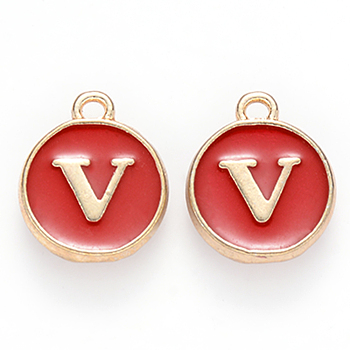 Golden Plated Alloy Enamel Charms, Cadmium Free & Lead Free, Enamelled Sequins, Flat Round, Red, Letter.V, 14x12x2mm, Hole: 1.5mm