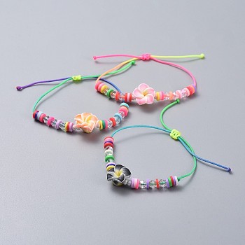 Adjustable Nylon Thread Kid Braided Beads Bracelets, with Polymer Clay Heishi Beads Beads and Glass Beads, Flower, Mixed Color, 1/8 inch~2-7/8 inch(1.9~7.3cm), 5mm