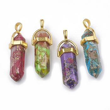 Synthetic Gold Line Regalite/Imperial Jasper/Sea Sediment Jasper Double Terminated Pointed Pendants, with Brass Findings, Dyed, Bullet, 40~41x12~13x10~10.5mm, Hole: 3x4.5mm
