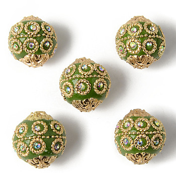 Handmade Indonesia Beads, with Metal Findings, Light Gold Color Plated, Round, Yellow Green, 20~21x19~20mm, Hole: 1.5mm
