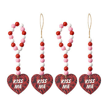 4Pcs 2 Style Valentine's Day Theme Schima Wood Beads & Hemp Rope Pendants Decorations, with Heart & Word TRUE LOVE, Red, 260~295mm, 2pcs/style