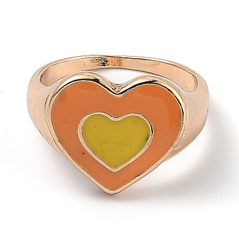 Alloy Enamel Finger Rings, Heart, Light Gold, Yellow, US Size 7, Inner Diameter: 17.8mm