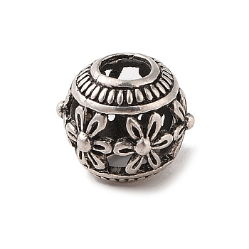 Tibetan Style Hollow Out Alloy European Beads, Large Hole Beads, Cadmium Free & Lead Free, Round with Flower Pattern, Antique Silver, 16x13mm, Hole: 5.8mm