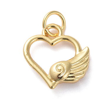 Brass Charms, Long-Lasting Plated, Matte Style, Heart and Wing, Real 18K Gold Plated, 13x12x3mm, Hole: 4mm