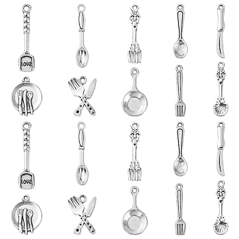 100Pcs Tableware Tibetan Style Alloy Pendants, Spoon Knife Fork, Antique Silver, 19.5~33.5x3.5~15x1~2.5mm, Hole: 1~2mm, 100pcs/set