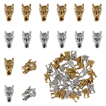 36Pcs 2 Colors Tibetan Style Alloy Beads, Dragon Head, Antique Silver & Antique Golden, 9x15x10mm, Hole: 2mm, 18pcs/color