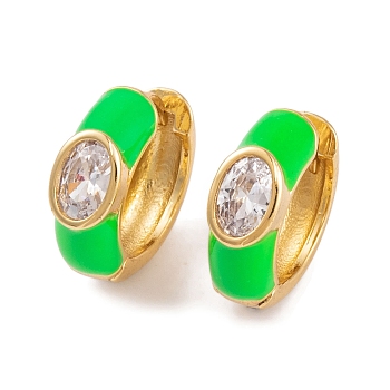 Rack Plating Brass Cubic Zirconia Enamel Earrings, Cadmium Free & Lead Free, Oval, Hoop Earrings, Real 18K Gold Plated, Green, 14x5mm