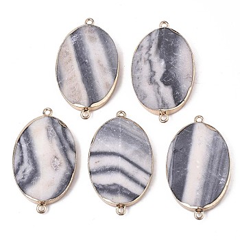 Natural Dalmatian Jasper Links Connectors, with Edge Golden Plated Iron Loops, Oval, Faceted, 42.5x25x9.5mm, Hole: 1.8mm