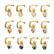 Cubic Zirconia Heart Padlock Dangle Stud Earrings, Real 18K Gold Plated Brass Half Hoop Earrings for Women, Nickel Free, Mixed Color, 21.5mm, Pin: 0.9mm(EJEW-N011-119)
