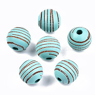 Painted Natural Wood Beads, Laser Engraved Pattern, Round with Zebra-Stripe, Cyan, 15.5~16.5x15mm, Hole: 4mm(WOOD-T021-54B-06)