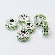 Brass Grade A Rhinestone Spacer Beads, Silver Color Plated, Nickel Free, Peridot, 4x2mm, Hole: 0.8mm(RSB034NF-10)