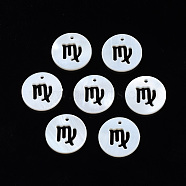 Natural Freshwater Shell Charms, Flat Round with Twelve Constellations, Hollow, Virgo, 12x1.5mm, Hole: 0.9mm(SHEL-N027-10L)
