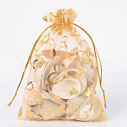 Heart Printed Organza Bags, Gift Bags, Rectangle, Goldenrod, 18x13cm(OP-R022-13x18-04)