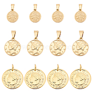 DICOSMETIC 12Pcs 3 Styles 304 Stainless Steel Coin Pendants, Flat Round, Golden, 14~21x11~20x1~3mm, Hole: 4~5x7mm, 4pcs/style(STAS-DC0009-68)