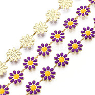 Brass Flower Link Chains, with Enamel, Unwelded, Real 16K Gold Plated, Dark Violet, 13.5~14x9.5~10x1mm(CHC-N018-098D)