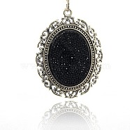 Antique Silver Plated Alloy Resin Rhinsetone Oval Big Pendants, AB Color, Black, 64x48x9mm, Hole: 3mm(TIBE-M001-179)