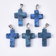 Natural White Stone(Imitation Netstone) Pendants, with Stainless Steel Peg Bails,  Dyed, Cross, Stainless Steel Color, 28~30x18x6mm, Hole: 7x3.5mm(G-S358-002E)
