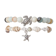 2Pcs 2 Style Natural Amazonite & Glass & Shell Stretch Bracelets with Tortoise, Stackable Bracelets with Alloy Starfish Charms, 7-1/4 inch(18.5cm), 1Pc/style(BJEW-JB10091-01)