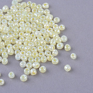 8/0 Glass Seed Beads, Ceylon, Round, Round Hole, Light Goldenrod Yellow, 8/0, 3mm, Hole: 1mm, about 1111pcs/50g, 50g/bag, 18bags/2pounds(SEED-US0003-3mm-152)
