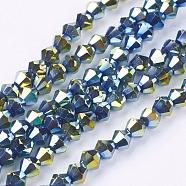Electroplate Glass Beads Strands, Faceted, Bicone, Green Plated, 4x4mm, Hole: 1mm, about 92~96pcs/strand, 13.78~14.37 inch(EGLA-S057-3)