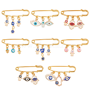 8Pcs 8 Style Enamel Evil Eye Safety Pin Brooches, Golden Alloy Hamsa Hand & Butterfly & Horse Eye Charms Lapel Pins for Backpack Clothes, Mixed Color, 49~50mm(JEWB-BC0001-04)