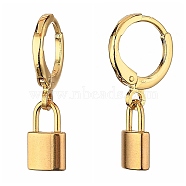 Brass Huggie Hoop Earrings, with 304 Stainless Steel Pendants, Padlock, Golden, 24mm, Pin: 0.8mm(EJEW-JE04208-05)