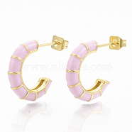 Brass Stud Earrings, Half Hoop Earrings, with Enamel and Earring Backs, Real 18K Gold Plated, Bamboo Shape, Pearl Pink, 21x16.5x3.5mm, Pin: 0.7mm(EJEW-S209-10E)