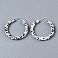 Spray Painted CCB Plastic Stud Earrings, Half Hoop Earrings, Ring, Silver, White, 46x5.5mm, Pin: 0.7mm(EJEW-Q020-002A)
