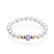 Natural Amethyst Gemstone Stretch Rings, with Round Shell Pearl Beads and Brass Beads, Golden, US Size 7 1/4(17.5mm)(RJEW-JR00301-03)