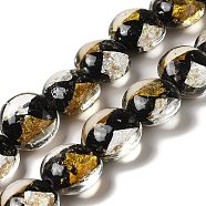 Handmade Gold Sand and Silver Sand Lampwork Flat Round Beads, Black, 14~14.5x8.5~9mm, Hole: 1.6~1.8mm(FOIL-C001-02H)