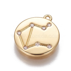 Brass Cubic Zirconia Pendants, Flat Round with Constellation, Golden, Clear, Libra, 16x14x1.5mm, Hole: 1mm(ZIRC-O029-11G-02)