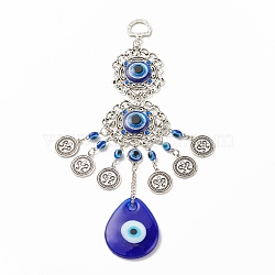 Teardrop Glass Turkish Blue Evil Eye Pendant Decoration, with Alloy Flower Design Charm, for Home Wall Hanging Amulet Ornament, Antique Silver, 215mm, Hole: 13.5mm(HJEW-I008-03AS)