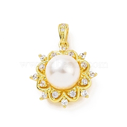 Eco-friendly Rack Plating Brass Micro Pave Cubic Zirconia Pendants, with ABS Platic Imitation Pearls, Cadmium Free & Lead Free, Long-Lasting Plated, Flower Charm, Real 18K Gold Plated, 20.5x18.5x11.5mm, Hole: 2.5x3.5mm(KK-F843-17G)