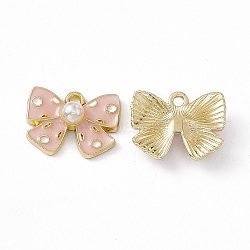 Alloy Enamel Pendants, with ABS Plastic Imitation Pearl Beads, Light Gold, Bowknot Charm, Pink, 12.5x16.5x5mm, Hole: 1.6mm(PALLOY-P287-05LG-05)
