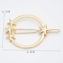 Alloy Geometric Hair Barrettes, Frog Buckle Hairpin for Women, Girls, Round Ring with Star, Golden, 56x37mm(OHAR-PW0001-216-20)