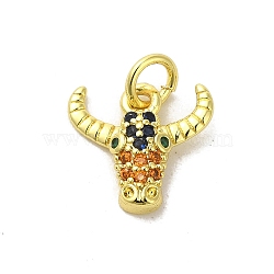 Real 18K Gold Plated Brass Pave Colorful Cubic Zirconia Pendants, with Jump Rings, Cow, 11x12x2.5mm, Hole: 3mm(KK-M283-06A-02)