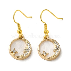 Moon & Star Alloy Rhinestone Dangle Earrings, Natural Shell Drop Earrings, Golden, 33x14mm(EJEW-C073-02G)