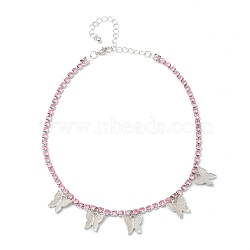 Alloy Rhinestone Cup Chain Necklaces, Butterfly Pendant Necklaces, with Lobster Claw Clasps, Platinum, Light Rose, 12.59 inch(32cm)(NJEW-H217-02P)