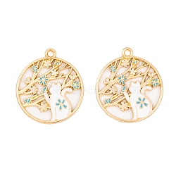 Rack Plating Alloy Enamel Pendants, Golden, Flat Round with Cat & Flower Charm, Deep Sky Blue, 28x29x1.5mm, Hole: 2mm(FIND-A040-07A-04G)