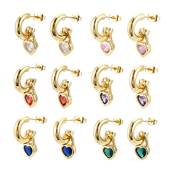 Cubic Zirconia Heart Padlock Dangle Stud Earrings, Real 18K Gold Plated Brass Half Hoop Earrings for Women, Nickel Free, Mixed Color, 21.5mm, Pin: 0.9mm