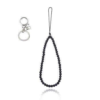 Natural Obsidianand Iron Alloy Lobster Claw Clasp Keychain, with Braided Nylon Thread, 27~27.5cm