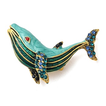 Whale Alloy Colorful Rhinestone Brooch, Sea Animal Enamel Pins, for Backpack Clothes, Dark Turquoise, 42x55.5x17mm