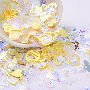 Ornament Accessories, PVC Paillette/Sequins Beads, Golden Sheen, Mixed Shapes, Heart/Star/Flower, Mixed Color, 4~14x4~12x0.3~0.8mm, Hole: 0.8mm