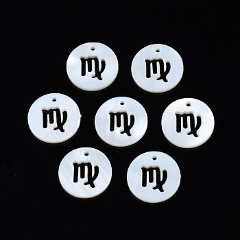 Natural Freshwater Shell Charms, Flat Round with Twelve Constellations, Hollow, Virgo, 12x1.5mm, Hole: 0.9mm
